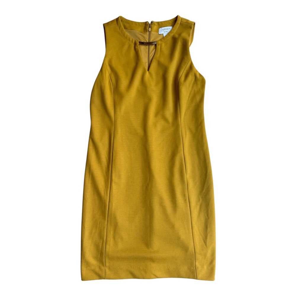 Carmen Marc Valvo Mustard Yellow Gold Bar Keyhole Sheath Dress Sz 6